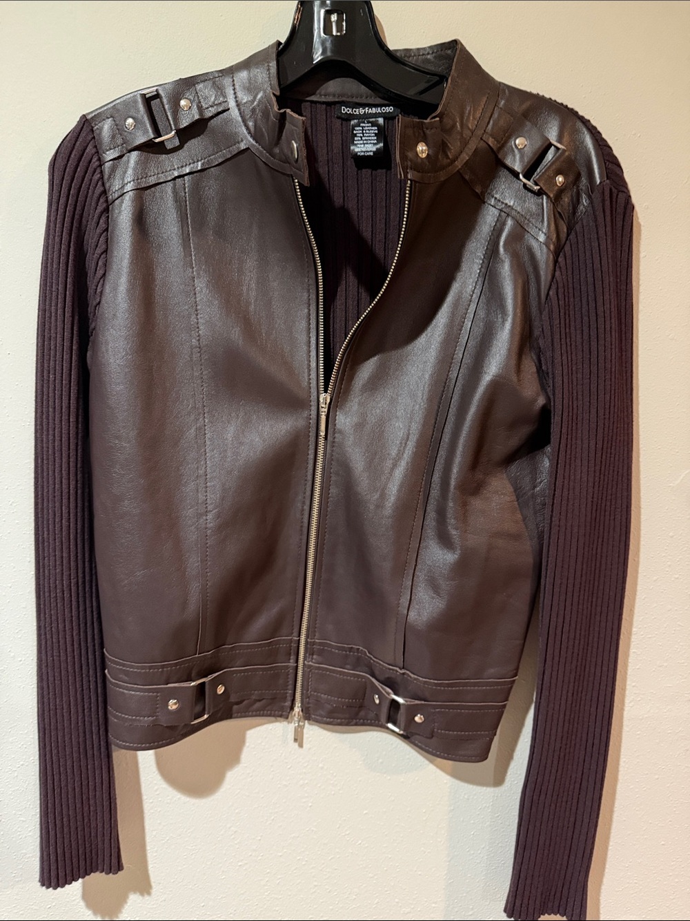 Dolce & Gabbana Dark Brown Leather Jacket with Rib Knit Sleeves